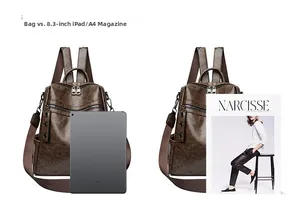 Detailed size comparison of vintage brown backpack with 8.3-inch iPad and A4 magazine