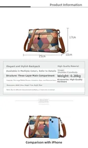 Detailed view of crossbody bag dimensions and internal triple compartment structure