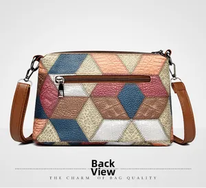 Detail view of the back zipper pocket and multi-colored crocodile embossed leather bag