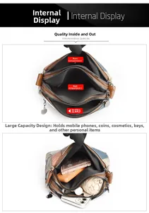 Detailed view of the multi-layer interior and three zipper pockets of the retro crossbody bag