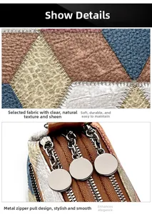 Detail of multi-color leather bag showing litchi texture and silver zipper hardware