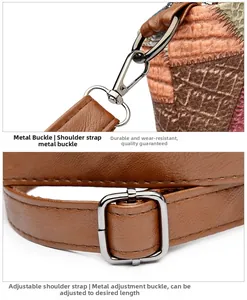 Detail of adjustable gunmetal buckle and stitching on vintage multi-color crossbody bag