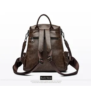 Back view of deep coffee backpack with pebble texture leather and anti-theft zipper