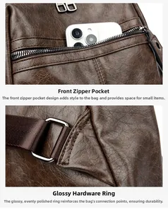 Close-up of front zipper pocket on coffee brown leather bag with glossy metal hardware