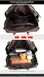 Interior view of vintage leather backpack showing organized compartments and large capacity