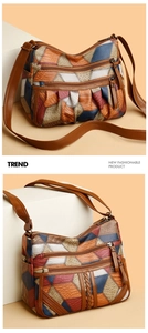 Dettaglio della borsa a tracolla in ecopelle patchwork con scomparti multipli