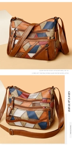 Dettaglio borsa in pelle patchwork colorata con tasche multiple a zip e tracolla regolabile