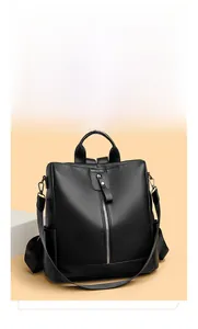 Detail of black pebbled leather backpack showing side pockets and vertical metal zippers