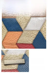Close-up of multicolor patchwork leather with lychee grain and metallic logo plate