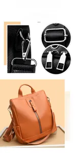 Detailed view of silver metal hardware and textured oxford fabric on women backpack