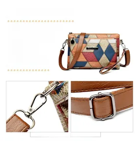 Detail of multi-color crossbody bag featuring silver metal lobster clasp and adjustable strap