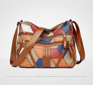 Dettaglio borsa a tracolla in pelle multicolore con scomparti a cerniera e texture raffinata