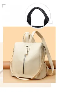 Detail of beige litchi grain leather backpack featuring adjustable straps and side pocket