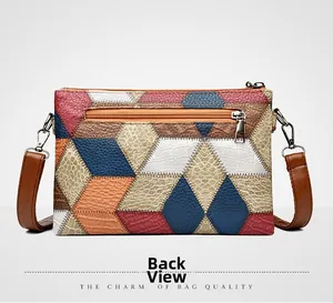 Detailed back view of a retro patchwork crossbody bag with a zipper pocket and animal texture