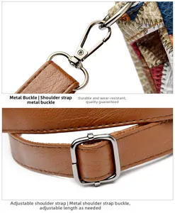 Close-up of adjustable brown leather shoulder strap with silver metal buckle and spring hook