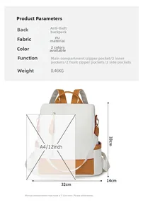 Detail view of large anti-theft backpack showing 32x33x14cm size and A4 capacity
