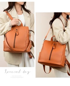 Orange lychee grain oxford backpack shown in multiple carrying ways on a model