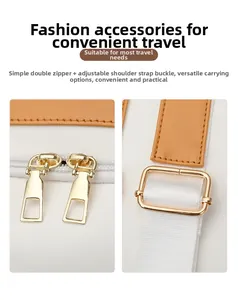 Detail of gold-plated double zippers and adjustable strap buckle on a white woven backpack