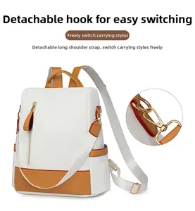 Detail of white leather backpack with gold hardware and removable shoulder strap