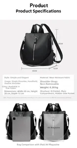 Detailed chart showing size and dimensions of a black Oxford fabric versatile backpack
