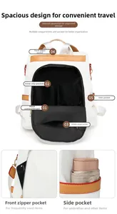 Detail view of large white backpack interior compartments and external functional pockets