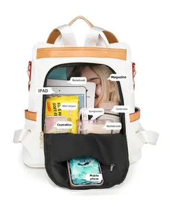 Detail shot of white travel backpack with large capacity storage for laptop and iPad
