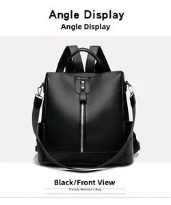 Front view of black pebble leather backpack with vertical zippers and top handle