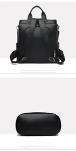 Detail view of black oxford backpack with adjustable straps and anti-theft back pocket