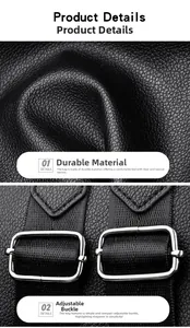 Detail of durable black lychee texture leather with silver metal adjustment buckle