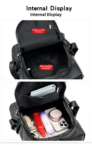 Internal view of oxford fabric backpack with functional zipper pockets and storage compartments