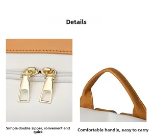 Detail view of large capacity travel backpack with golden dual zippers and leather handle