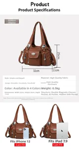 Detailed view of brown PU leather handbag dimensions 32x25x11cm with vintage texture