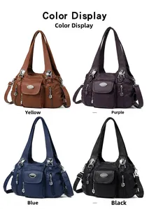 Color options of vintage multi-pocket PU leather tote bags in brown, purple, blue, and black