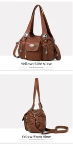 Detail view of brown PU leather bag showing litchi grain texture and metal zipper