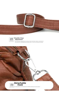 Detail of adjustable shoulder strap and silver detachable hook on brown leather handbag