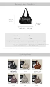 Detailed size specifications and multi-color options for the large PU leather tote bag