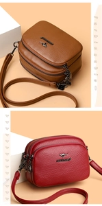 Detail of cross-body bag featuring triple zippers and textured synthetic leather