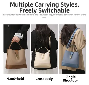 Detailed views of three-way lychee leather bag showing handbag, crossbody, and shoulder styles