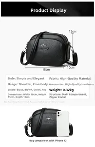 Detailed size chart for black pebble leather crossbody bag with dimensions and phone comparison