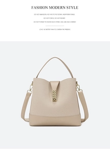 Detail view of canvas bucket bag with leather trim and gold hardware buckle