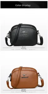 Detail of black and brown leather crossbody bags with multi-zipper compartments and logo