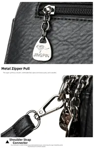 Detail of lychee pattern leather, high-quality gunmetal zipper and shoulder strap buckles