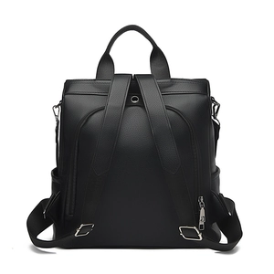 Minimalist black oxford backpack for women with pebble texture and adjustable straps