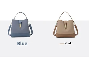 Blue and khaki bucket bags with fabric-leather stitching and golden chain buckle