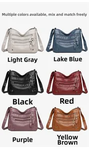 Detailed view of multi-zippered crossbody bags in six different soft leather colors