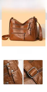 Close-up of litchi texture PU leather with multiple zipper pockets and stitching details