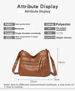 Detail view of brown soft leather crossbody bag with multiple zipper pockets and polyester lining