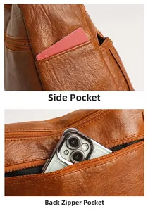 Detail of brown leather bag with side pocket and back anti-theft zipper compartment