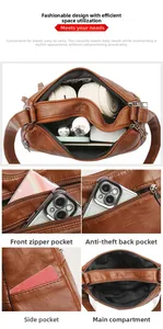 Macro view of multi-pocket brown leather shoulder bag showing interior space and zipper detail