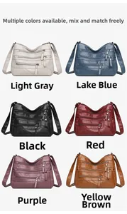 Collage of multi-zipper soft leather crossbody bags in six vibrant available colors